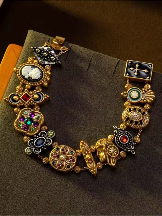 The Unbranded Brand Jewelry - Vintage Art Deco Charm Bracelet | Antique Gold Statement Bracelet | Colorful